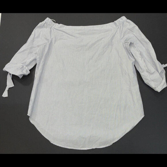 Babaton Aritzia Cold Shoulder Blue Stripe Preppy Quiet Luxury Designer Blouse M - Picture 13 of 14